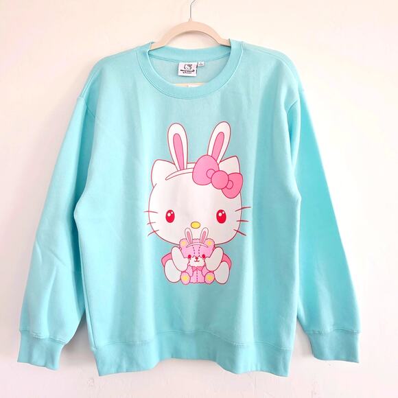 Hello Kitty Teal Blue & Pink Bunny & Teddy Bear Pullover Sweatshirt Size Large - Picture 1 of 4